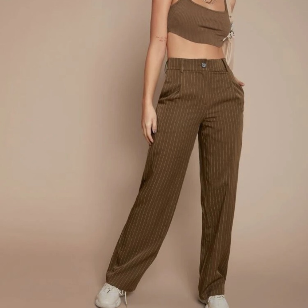 Brown pinstriped high rise straight leg pants